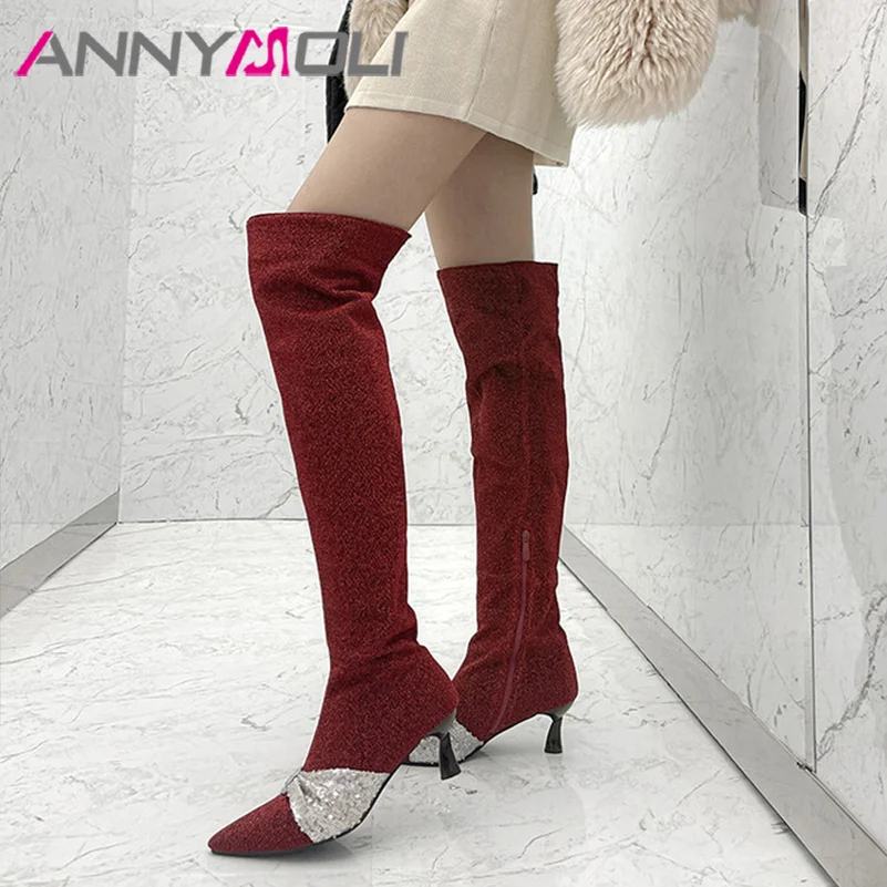 

ANNYMOLI Women Pu Leather Fashion Boots Over the Knee Thigh High Boots Bow Pointed Toe Booties Zipper Bow Sexy Winter