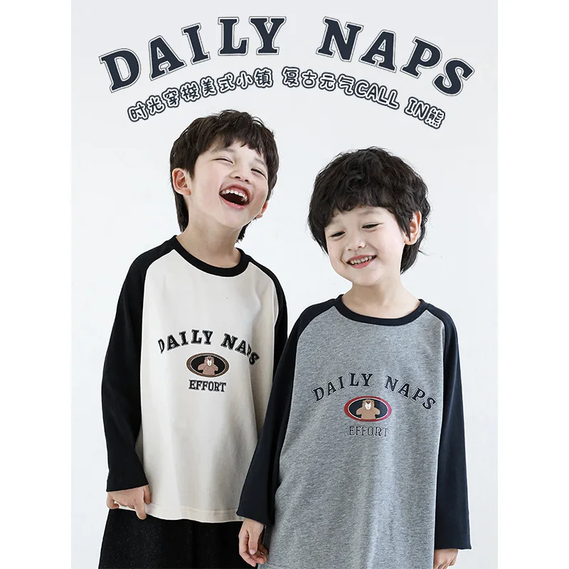 

Футболка с длинным рукавом и принтом медведя для мальчиков Весна-Осень Детский Повседневный Топ с контрастными рукавами реглан