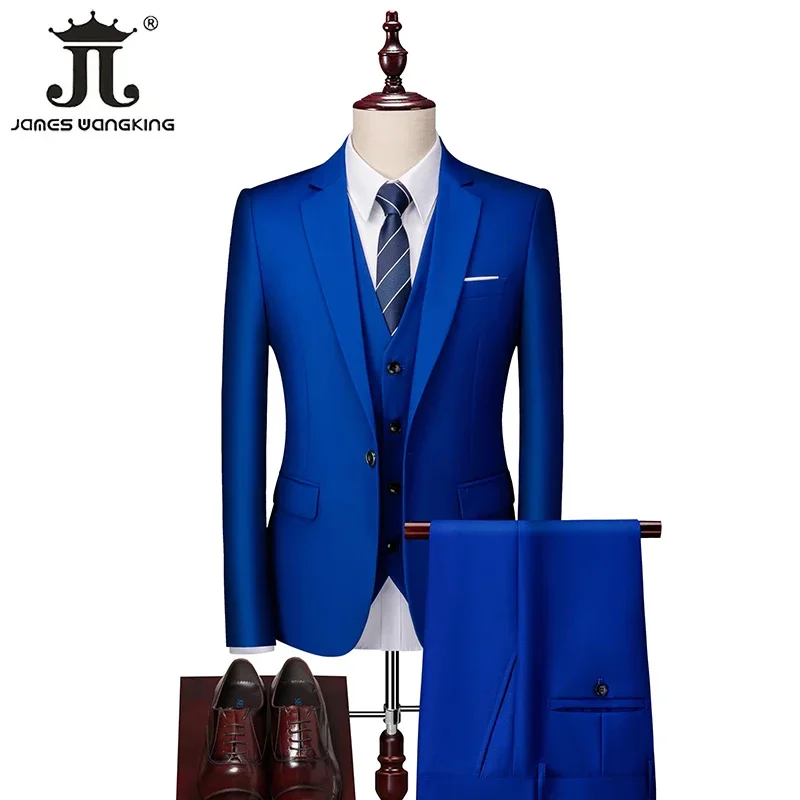 M-6XL 15 Colors ( Jacket+Vest+Pants ) Formal Business Office Men's Suits Groom Wedding Dress Party Dress Solid color Suit 4