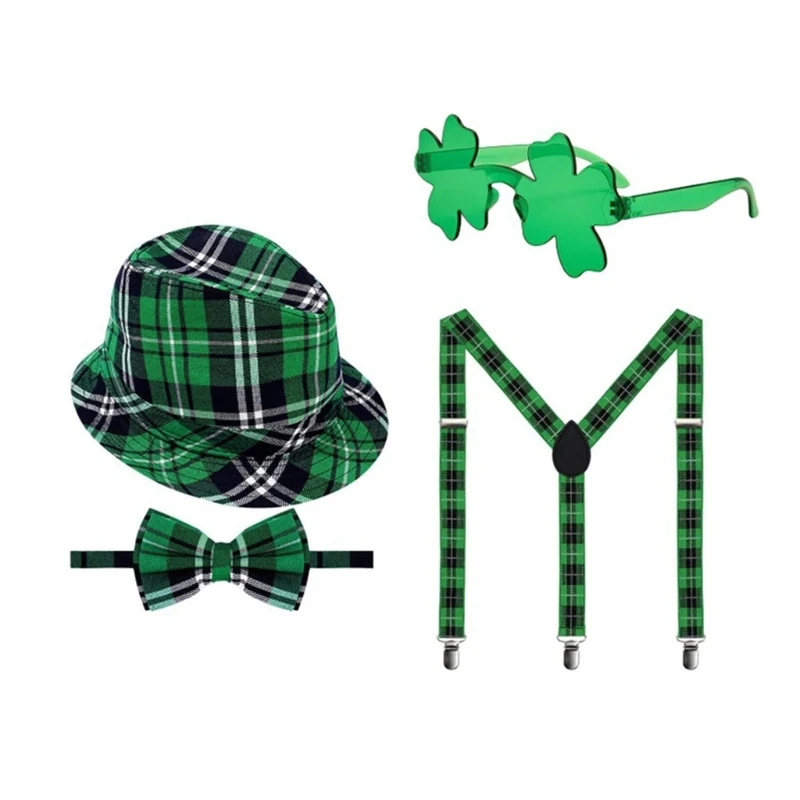 

StPatrick Day Celebration Costume Hat Shamrock Glasses Suspenders Braces Tie Festival Theme Party Hat Irish Accessories