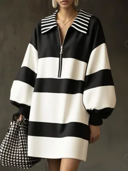 Yeezzi Women's Fashion Black White Striped Zipper Lapel Mini Dresses Long Puff Sleeves Loose Elegant Casual Short Dress 2026 New 1