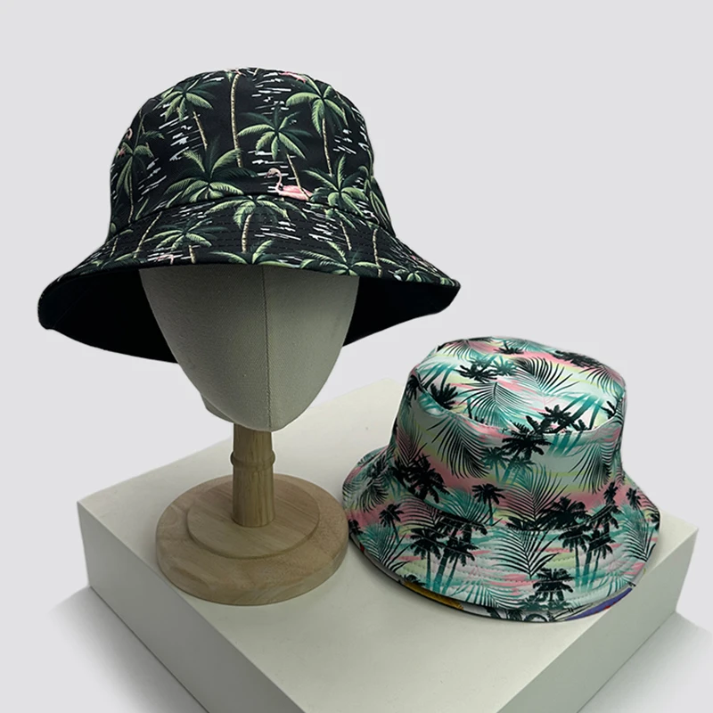 

New Unisex Print Coconut Tree Flamingo Bucket Hats Sunshade Casual Versatile Travel Double Sided Wearable Fisherman Caps Fashion