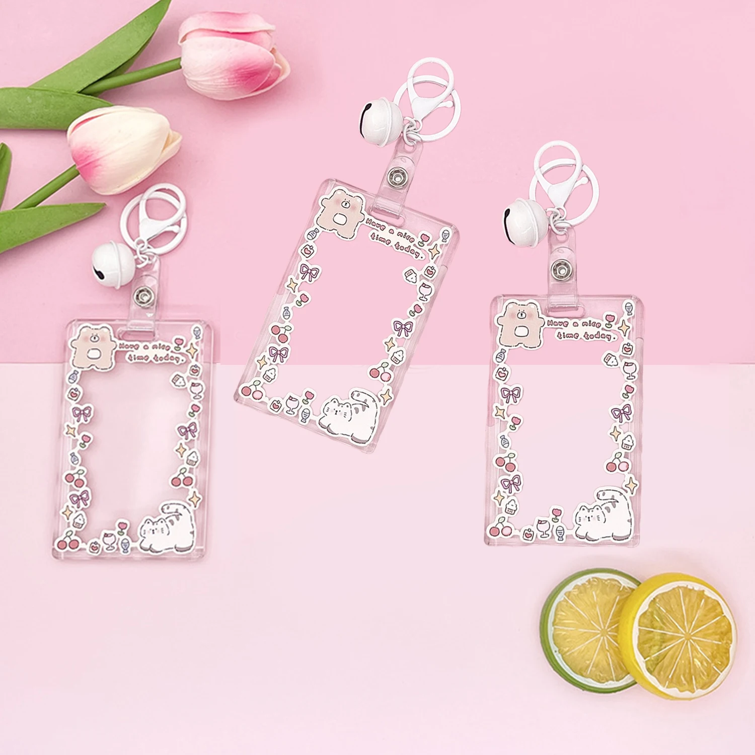 

Business Credit Card Holder Case Acrylic Transparent Cartoon Card Case For Girl Boy ID Holders Badge Cover With Bell Keychain