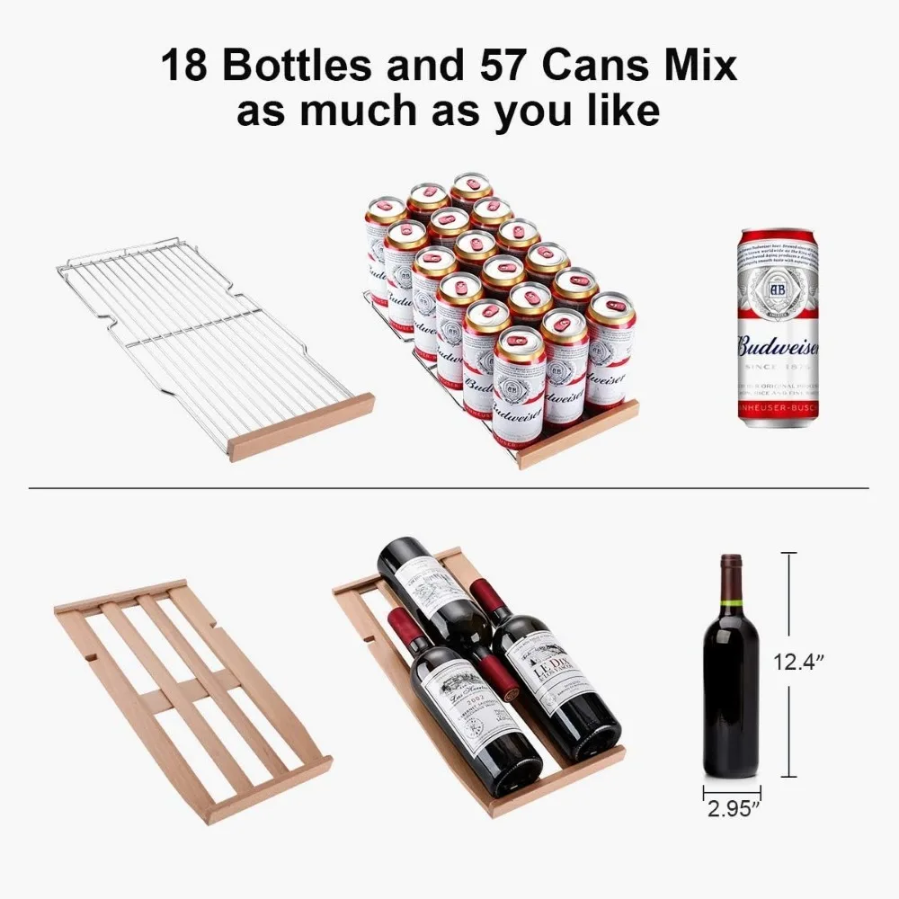 Wine and Beverage Refrigerator 24 inch, Dual Zone Wine Cooler Under Counter Lockable 18 Bottles and 57 Cans Fridge Built