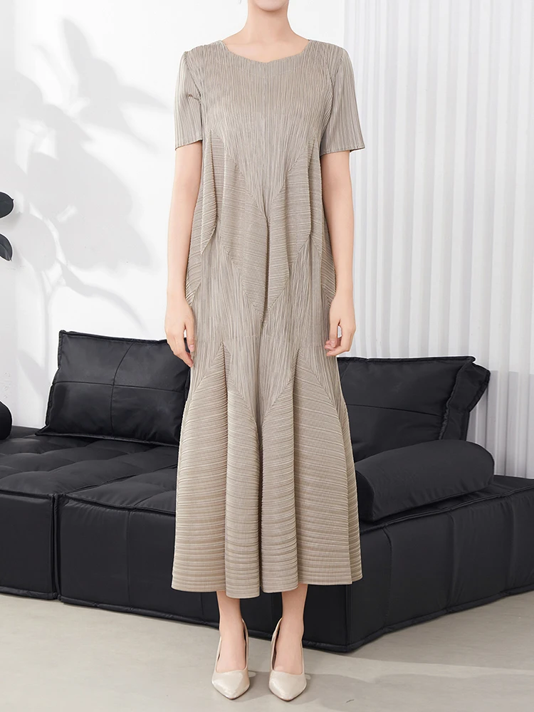 LANMREM Flower Bud Pleated Short Sleeved Dress For Women Summer Cloth 2025 New Loose Fit Round Collar Blue Dresses Chic 2DB3102 - Image 2