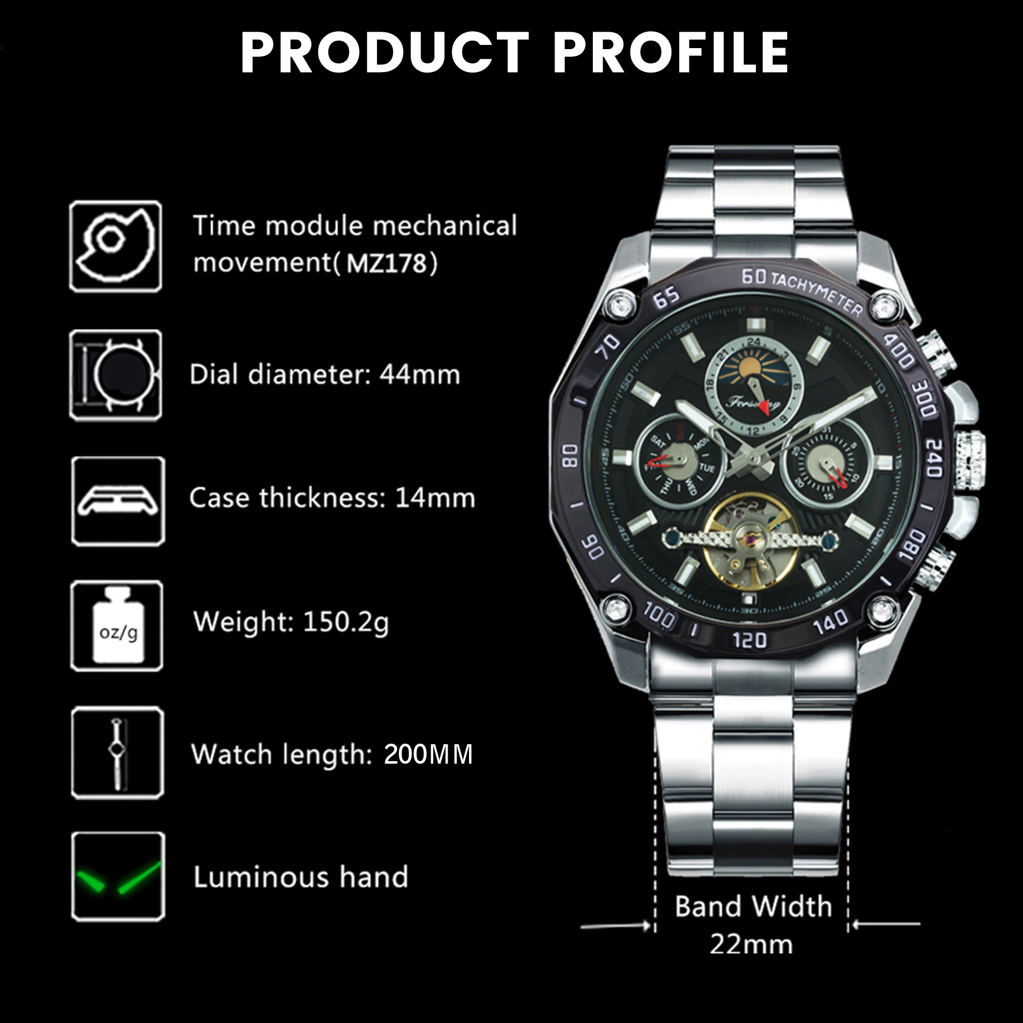 Forsining Tourbillon Watch Moon Phase Automatic Mechanical Watches Mens Multifunction Sport Wristwatches Steel Strap Relogio New