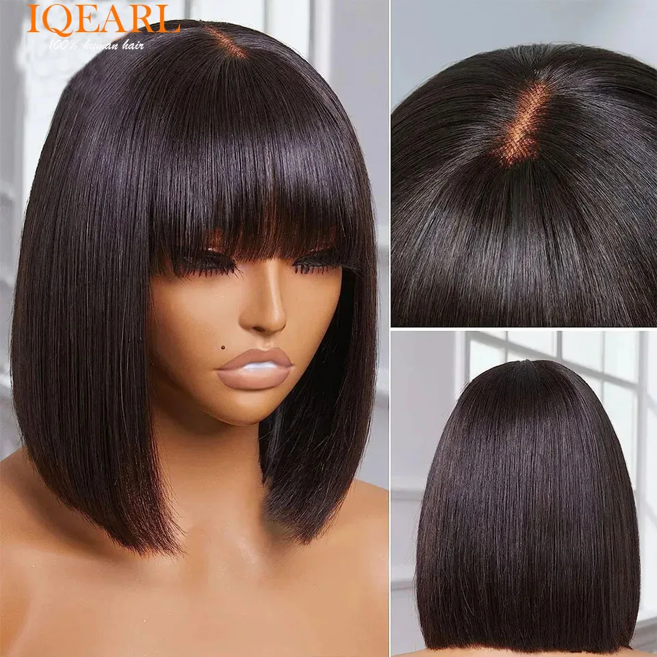 180D Straight Human Hair Bob Wig With Bangs Realistic Look Fake Lace Scalp Glueless Wigs Brazilian Human Virgin Hair Wigs