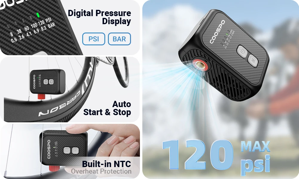COOSPO AP-E1 Elektrische Luftpumpe Tragbarer Inflator 120PSI MTB Rennrad Zubehör für Fahrrad Schrader Presta Reifen – Detail 2