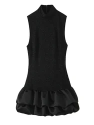 Elegant Y2K Sleeveless Backless Mini Dress with Ruffled Hem - XS (Black)