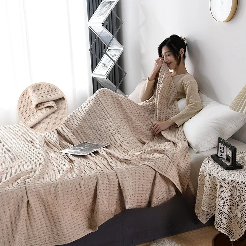 Waffle Plaid Blanket 100% Cotton Summer Bed Throw Thin Quilt Knitted Bedspread Home Sofa Coverlets  Throw Blankets Girl Boy - 3