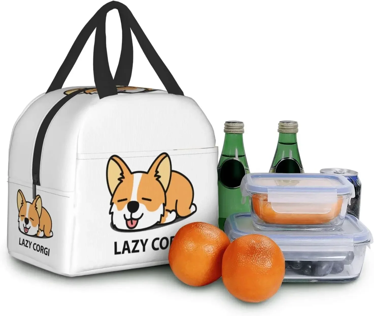 Lazy Welsh Corgi Puppy Lunch Box Insulated Bento Box Reusable Waterproof Lunch Bag with Front Pocket For School Office Picnic