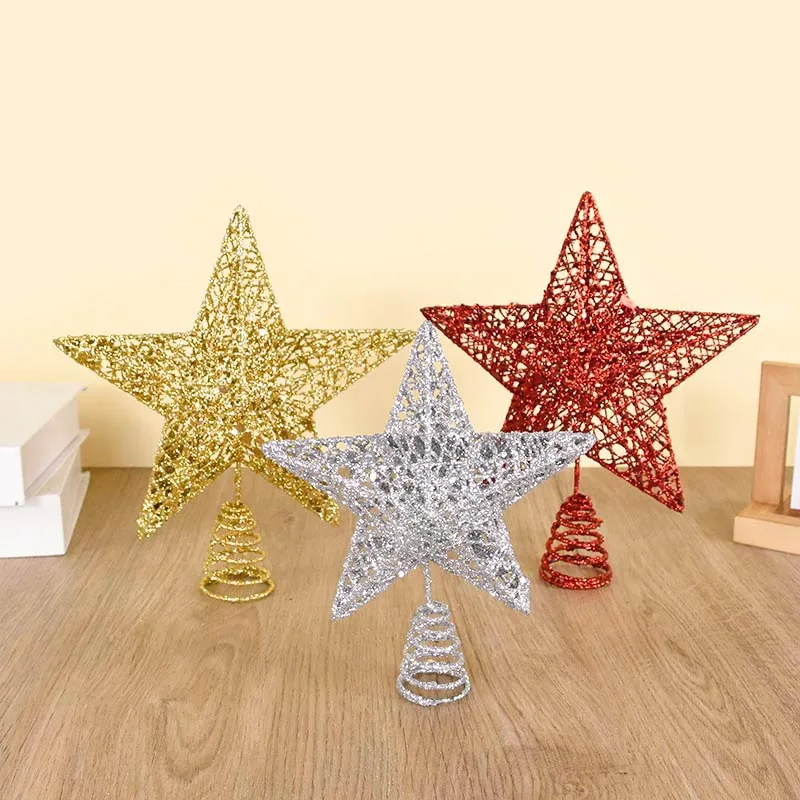 Christmas Tree Topper Star Gold Silver Glitter Five-Pointed Star Pendant Xmas Tree Top Ornaments for Home Navidad New Year Decor