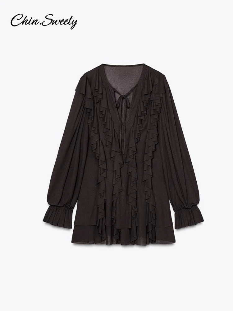 Sexy Ruffles Short Dress V-neck Long Lantern Sleeve Pleated Brown Party Dresses Female 2025 Spring Summer Lady Loose Vestidos 6