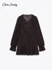 Sexy Ruffles Short Dress V-neck Long Lantern Sleeve Pleated Brown Party Dresses Female 2025 Spring Summer Lady Loose Vestidos 6