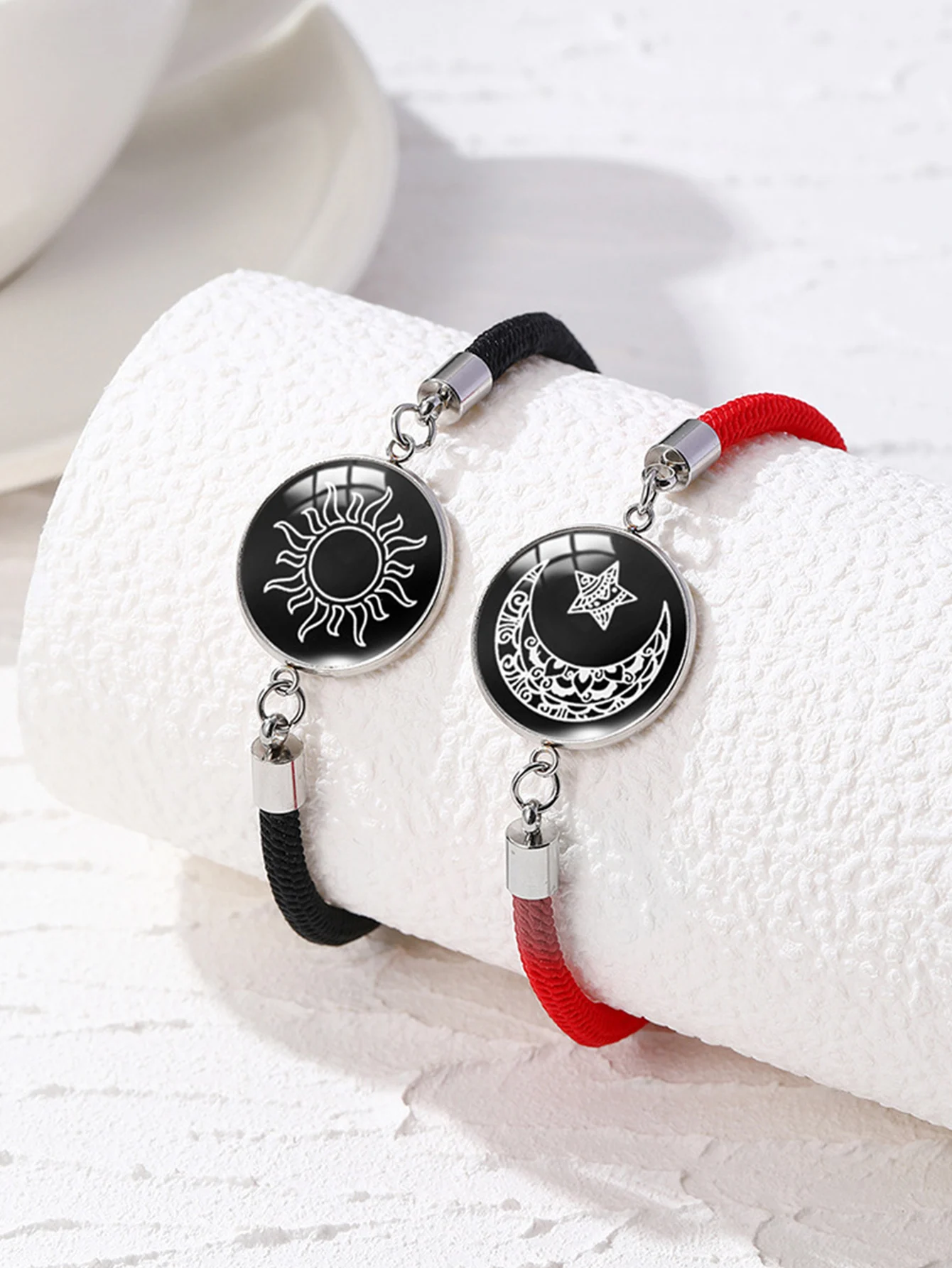 2Pcs Fashion romantic Sun and moon lovers stainless steel luminous gemstone woven bracelet Valentine's Day couple bracelet