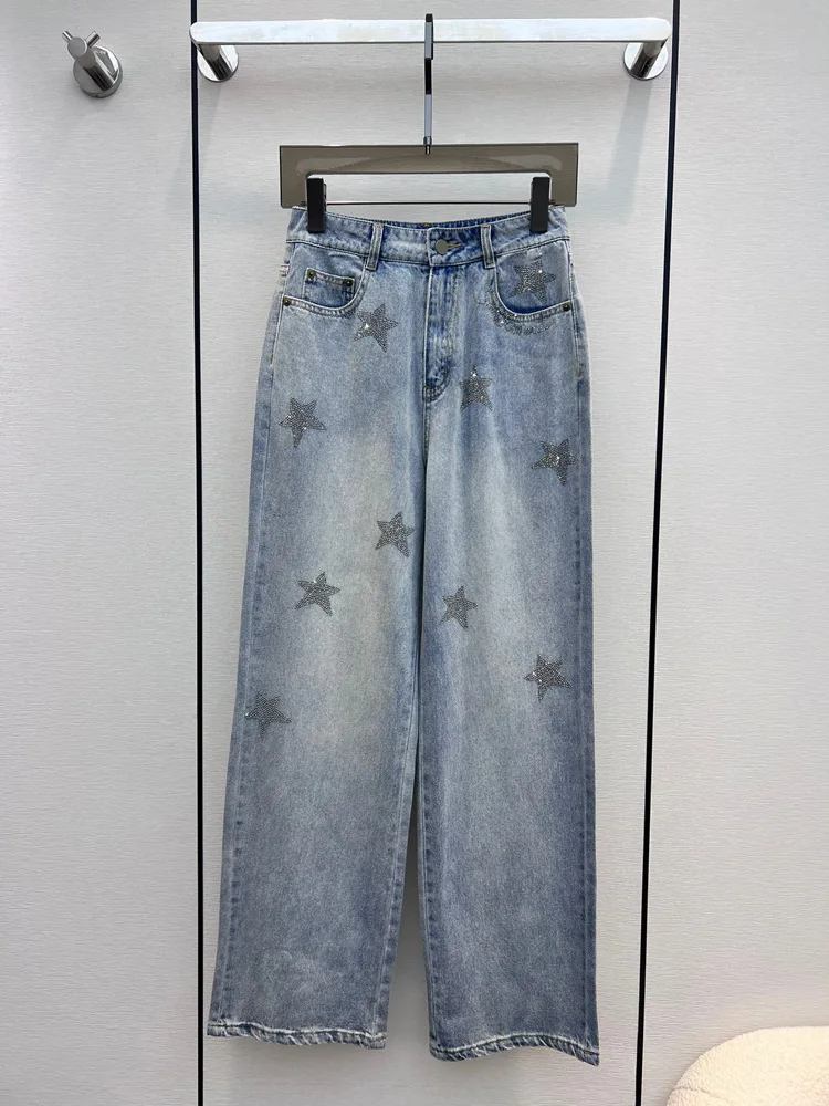 2023 Spring Autumn Chic Women's High Quality Stars Denim Straight Pants Vintage High-rise Jeans C024