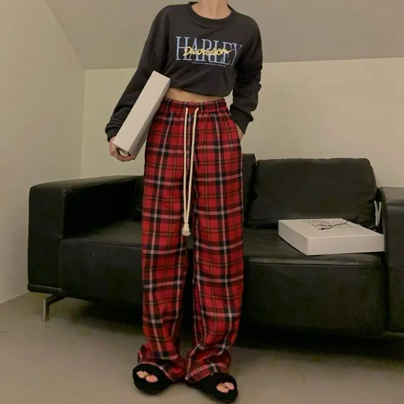 Vintage Red Plaid Pants Women Wide Leg Baggy Y2k Streetwear High Waist Trousers Korean Fashion Casual Kawaii School Loose