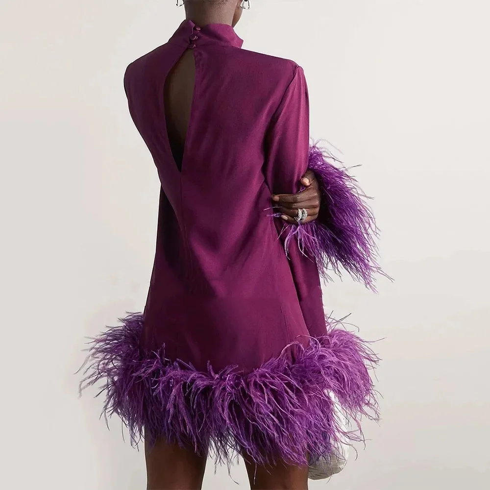 Mini Feather Long Sleeves Luxury Women's Cocktail Gowns Short A Line High Collar Cut Out Sexy Party Gown Evening Party Dress