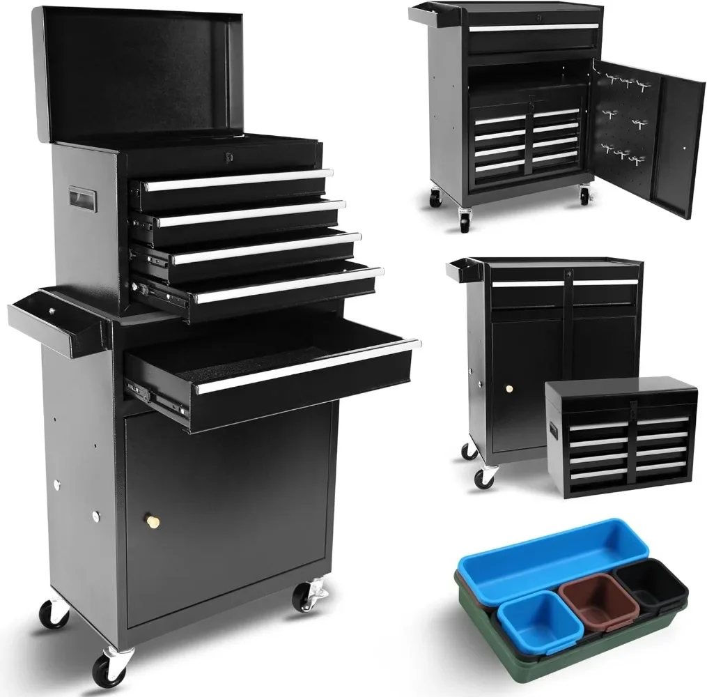 5-Drawer Rolling Tool Storage Cabinet W/ Detachable Top Tool Box Liner Universal Lockable Wheels, Adjustable Shelf 3