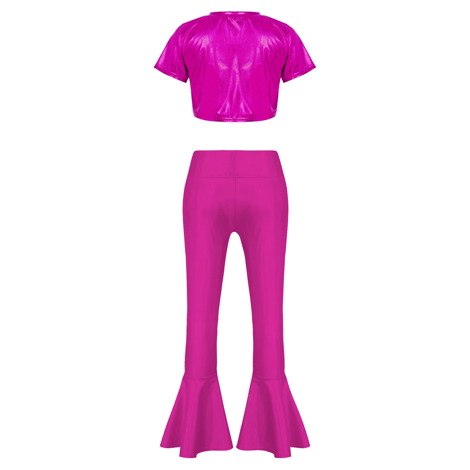 Toddler Kids Girls Shiny Metallic Dance Outfit Costumes Short Sleeve Crop Top with High Waist Bell-bottoms for Dance Performance