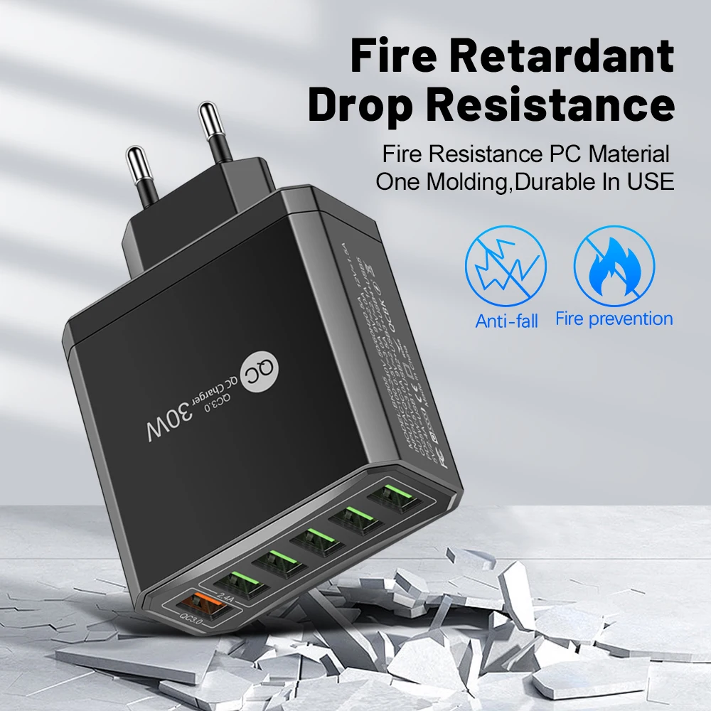 6Port USB Wall Charger EU/US/UK/KR Plug 30W Fast Charging Quick Charge QC3.0 For iPhone Samsung Xiaomi Oppo Mobile Phone Adapter