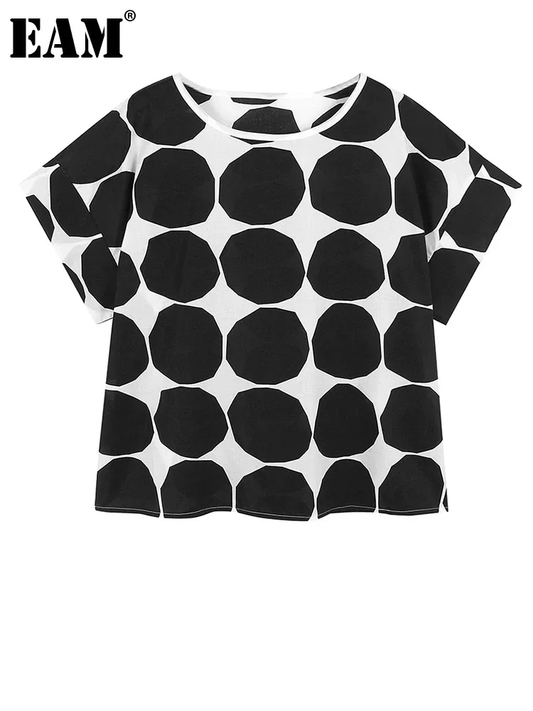 

[EAM] Women Black Dot Printed Thin Big Size Casual T-shirt New Round Neck Short Sleeve Fashion Tide Spring Summer 2024 1DH6179