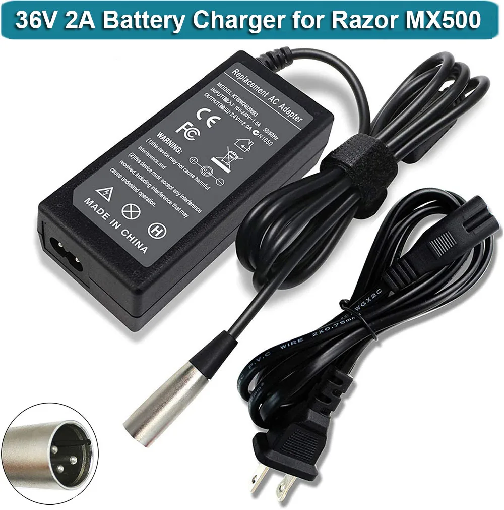 Caricabatteria 36V 2A Per Rasoio Mx500 Caricabatterie Rapido Per Scooter Per Razor Crazy Cart Xl,Mx650,Currie, Schwinn S1000,S600,Ezip E1000