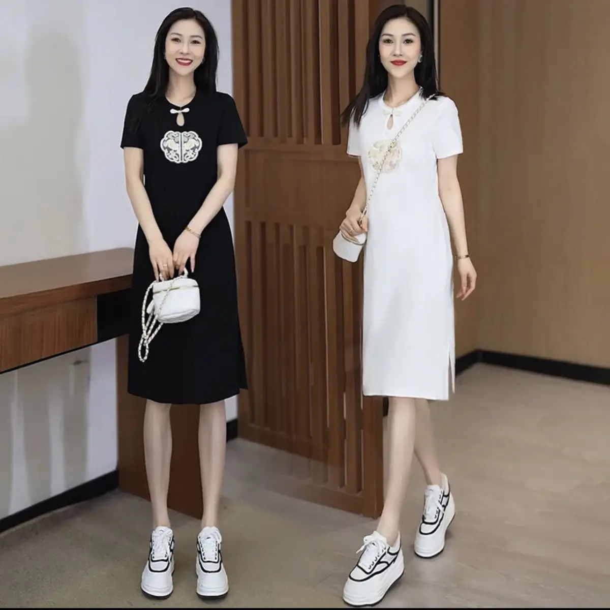 

Round Collar Dresses Women China Style Elegant Short Sleeve Solid Mid-length Dresses Woman Summer Slim Waist Dress Ladies L343