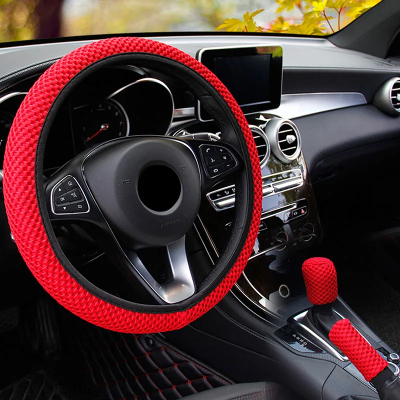 Universal 38cm 1/3 Pcs Ice Silk Steering Wheel Cover Gear Handbrake