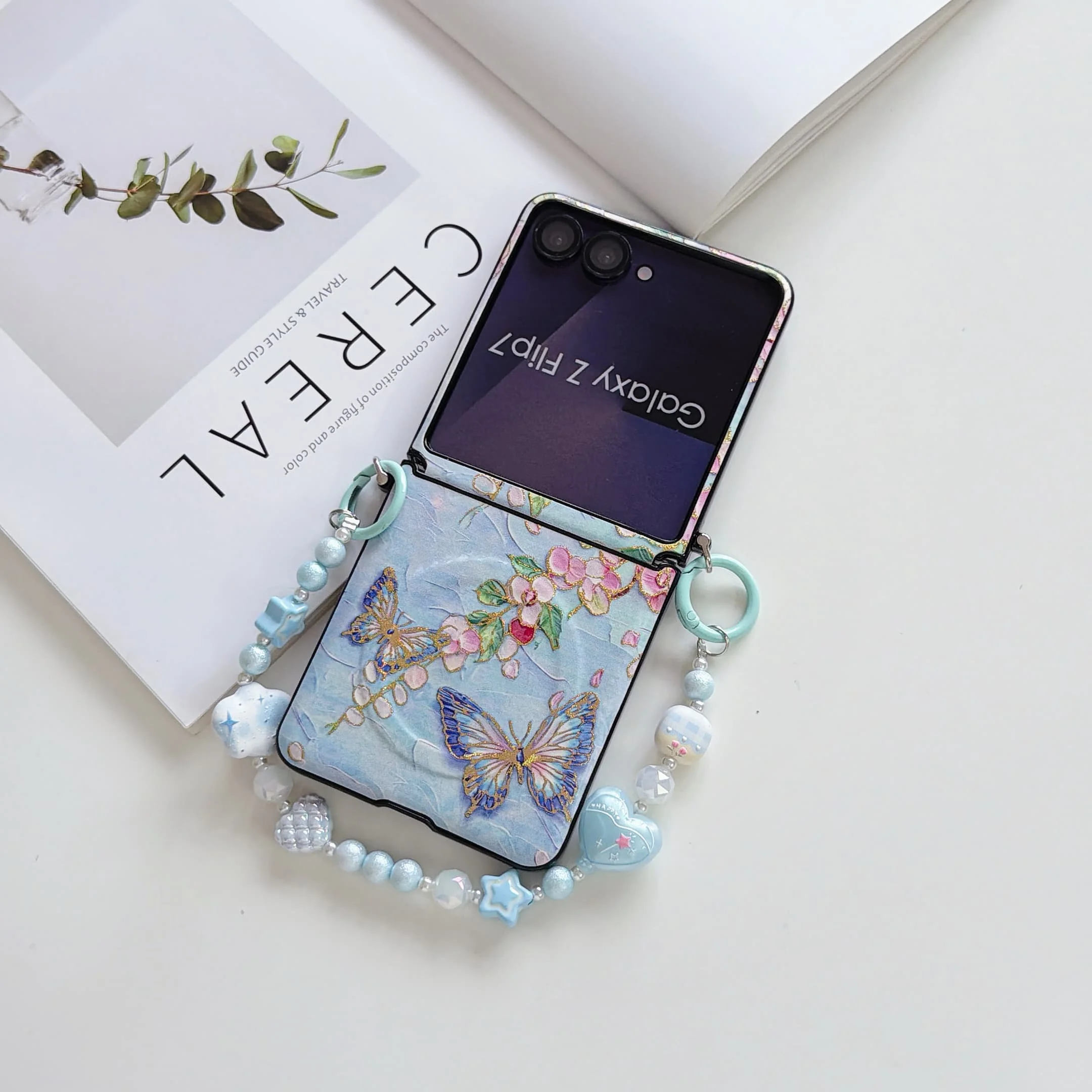 Magnetic Butterfly Pattern Shockproof Case with Flower Pendant Strap and Hinge Protection