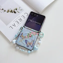 Magnetic Butterfly Pattern Shockproof Case with Flower Pendant Strap and Hinge Protection - Galaxy Z Flip5 (Blue)