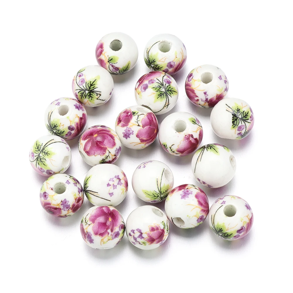 Set of 50 Round Floral Ceramic Porcelain Beads