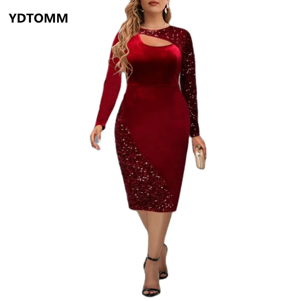 

Party Dress XXL Size 2023 Women Elegant Long Sleeve Mid Dresses Fall Winter Lady Chic Sequin Cut Out Christmas Club Dress Red