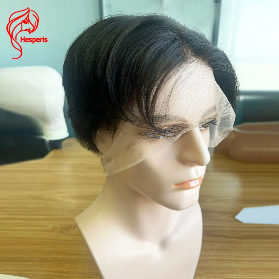Hesperis Men's Wigs Short Sideburns Cut Straight Human Hair Full Lace Wig for Men Short Pixie Cut Middle Part Human Hair
