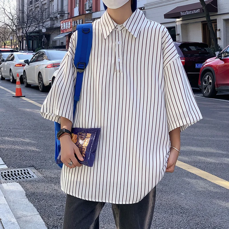 LAPPSTER-Youth Korean Fashions Striped Shirts 2023 Ice Vintage Button Up Shirts Japanese Streetwear Casual Short Sleeve Shirts