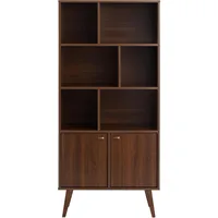 Milo Mid-Century Modern Bookcase with Six Shelves, Two Doors, and Brushed Brass-Finished Knobs 1