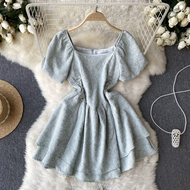 

2023 Temperament Women Dress New Elegant Square Collar High Waist Party Dresses Korean Fashion Chains A-Line Vestidos