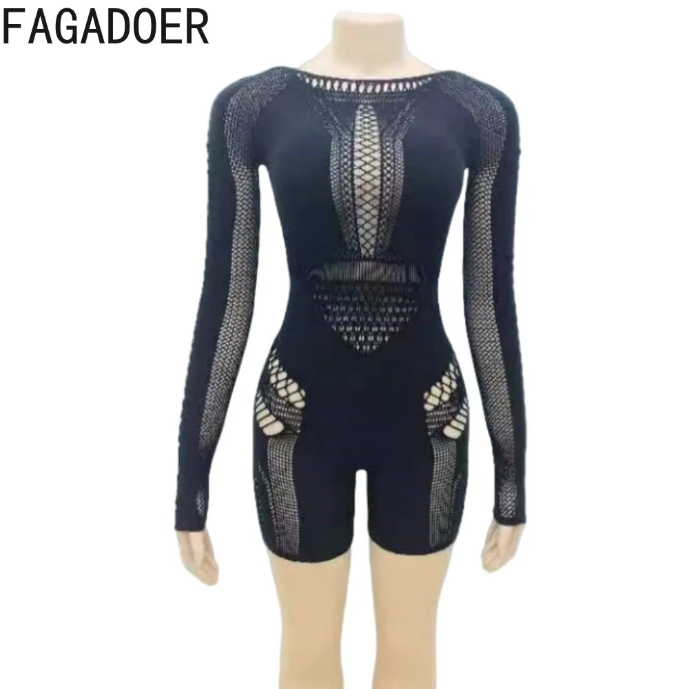 FAGADOER Sexy Thick Lace Hollow Knitting Bodycon Rompers Women Off Shoulder Long Sleeve Slim Jumpsuits Fashion Solid Playsuits