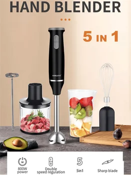 SOKANY 1714 Immersion Hand Blender, 2-Speed, 5-in-1, Hand Mixer, Whisk, Meat Chopper, Measuring Cup 1