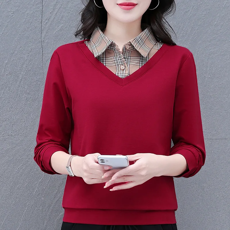 Women's Spring Autumn Pullover Turn-down Collar Plaid Button Patchwork Long Sleeve T-shirt Hoodies Elegant Casual Loose Tops