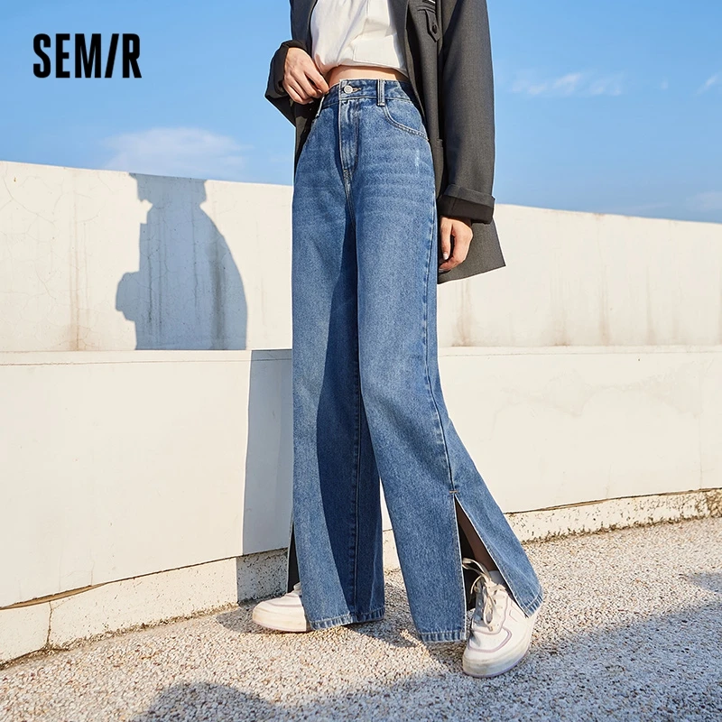 Semir Jeans Women Split Leg Length 2021 Spring And Autumn New Wide-Leg Pants Stitching Ladies Trousers Chic Hong Kong Flavor 2021 women s jeans street hipster washed cotton high waist dark blue denim trousers ladies sexy ripped hollow out denim pants