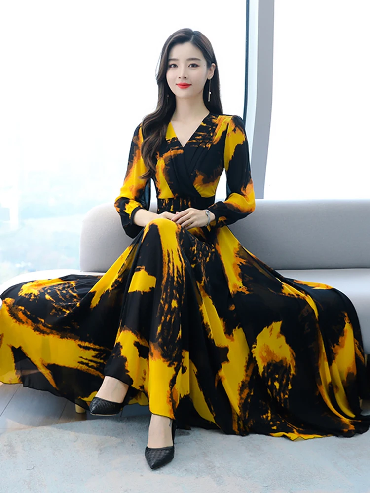 Elegant Vintage Dresses Classy Outfits Women 2023 Fashion Spring Autumn  Long Sleeve Satin Yellow Dress Chic Maxi Dress - AliExpress