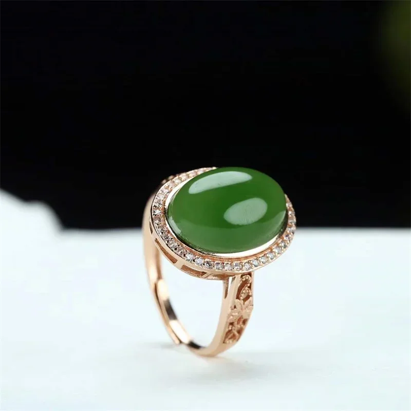 

Hot selling natural hand-carved jade silve inlaid Adjustable jasper Egg shape ring fashion Jewelry Men Women Luck Gifts