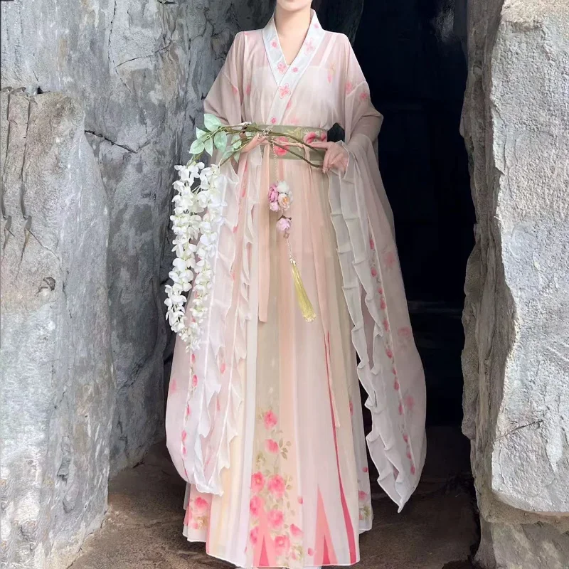 Ensemble de robe Hanfu de la dynastie WeiJin de style chinois pour femmes, robe longue dégradée, imprimé floral élégant traditionnel, cosplay féminin imbibé