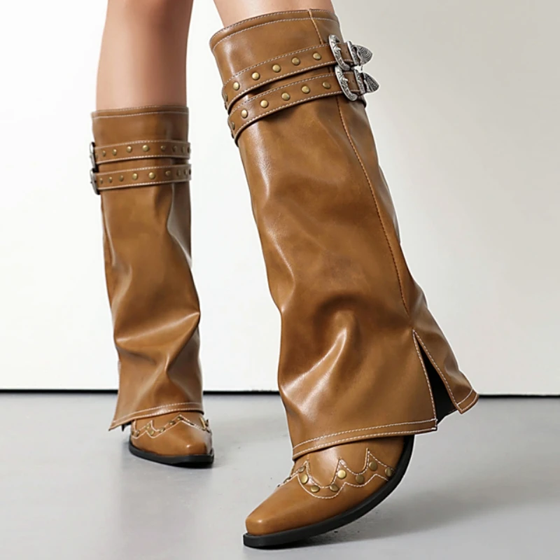 Knee High Boots for Women New Trends Turned-over Edge Winter Black Cowboys Riding Boot Rivets Footwear Shoes Lady Big Size
