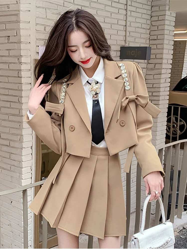 

England Style Short Jacket Suit Pleated Skirt Two Piece Set Women High Quality Diamond Bow Blazer Mini Skirts 2 Piece Sets Q154