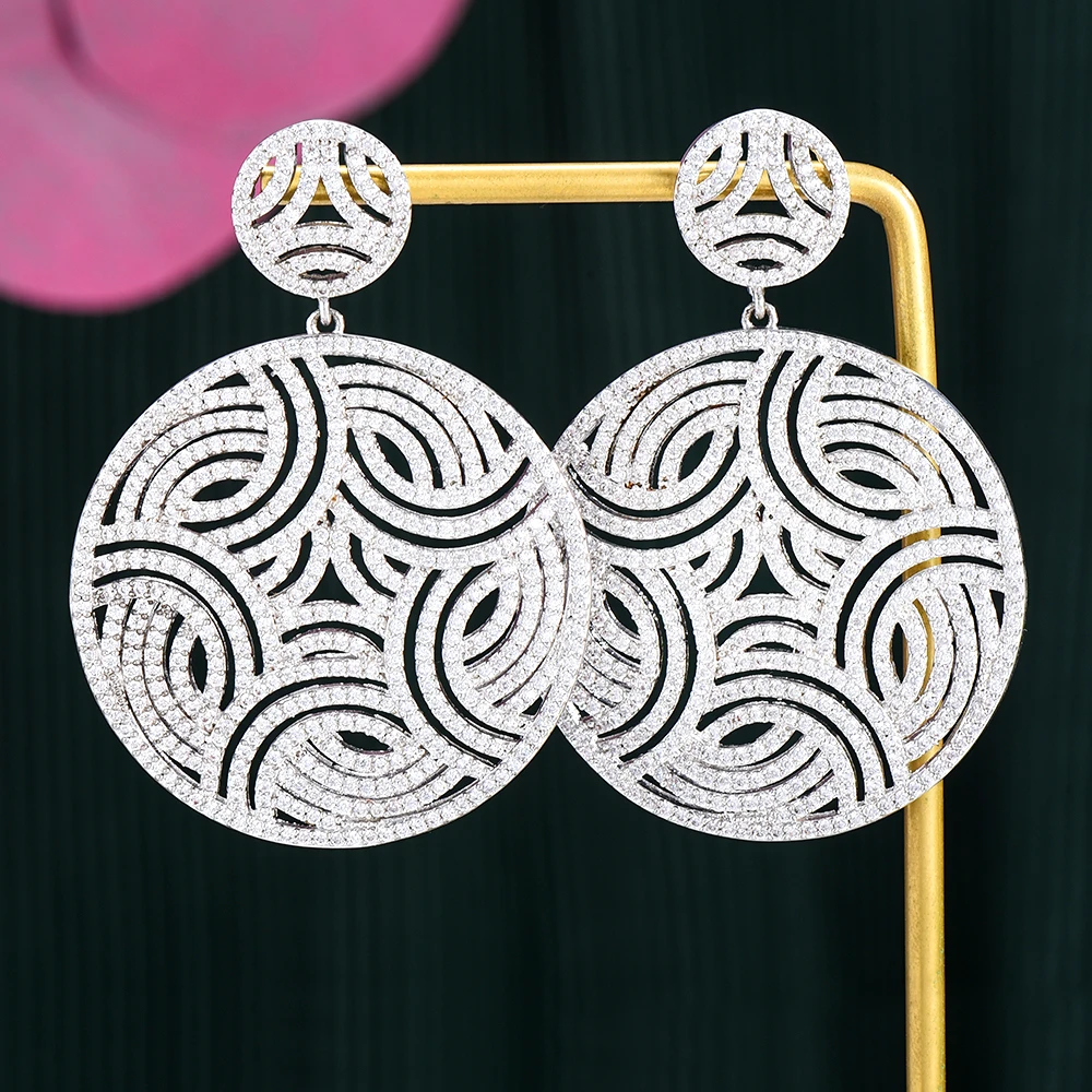 

Siscathy Luxury Cubic Zirconia Hollow Disc Pendant Drop Earrings For Women Fashion Show Celebration Party Jewelry Brincos Female