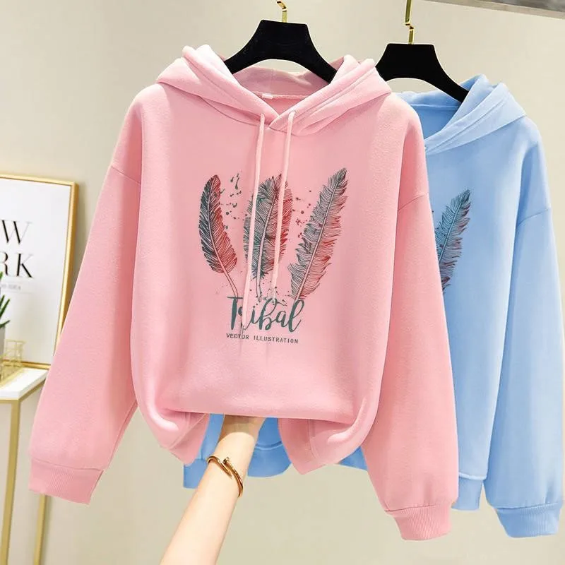 

Women Fashion Feather Printed Hoodies Autumn Winter Plus Velvet Casual Loose Sweatshirt