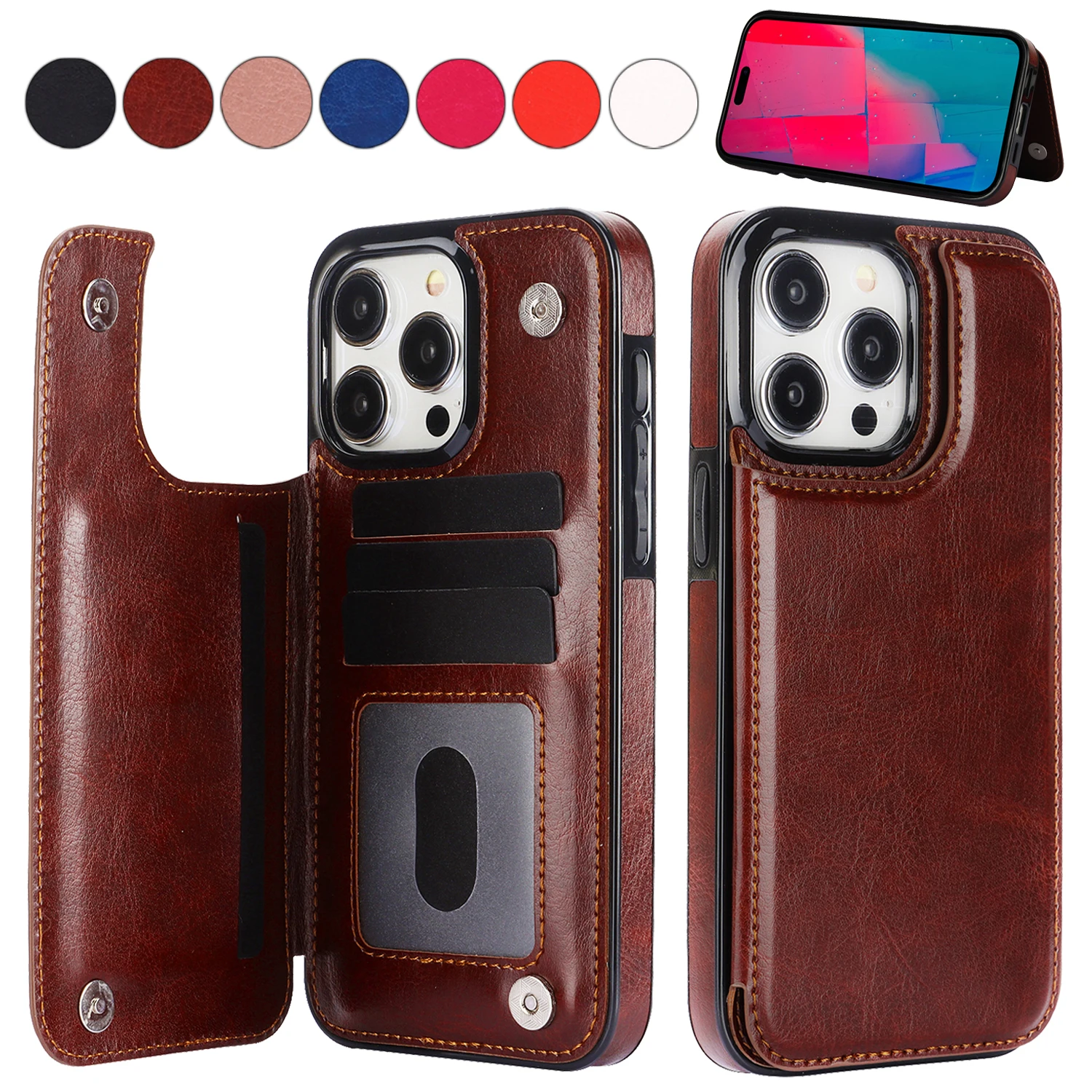 Elegant Solid Color Leather Wallet Case with Double Buckle and Card Slot