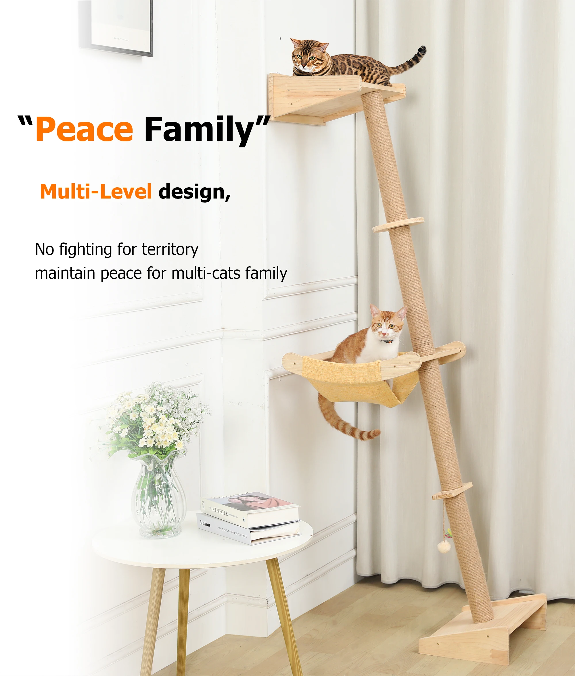 Cat Climbing Tower Wall Mounted Cat Tree With Hammock 76" Tall Simply